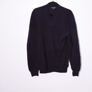 Neil Barrett Men's Wool Knit V Neck Ribbed Shoulder Pullover Sweater Navy Blue L